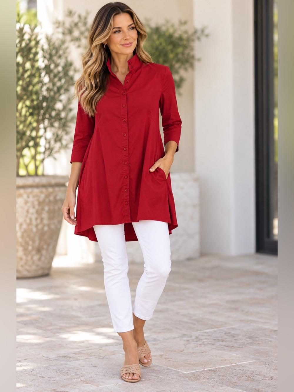 Stella Carakasi Natural Lux Red Button Front Tunic Top XS Cotton Blend